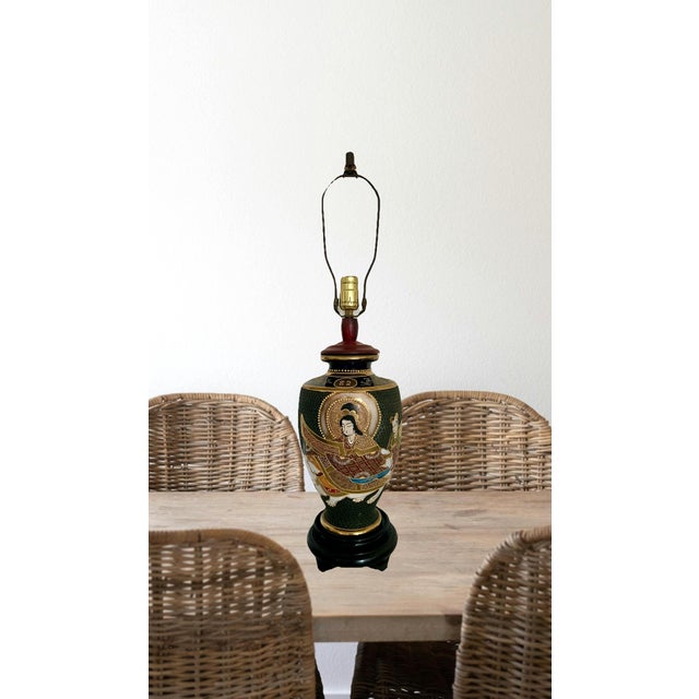 Large Japanese Satsuma 'Moriage' Black and Gold Kannon Table Lamp, Signed For Sale - Image 11 of 12