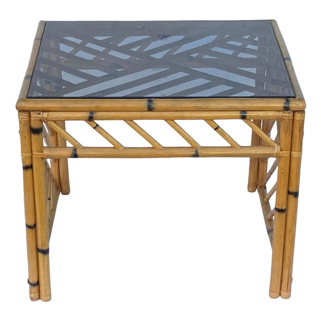 Nice original 1960s bamboo sculpted side table with snaked glass top