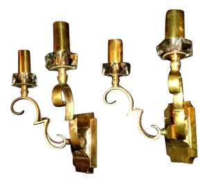 1930's French Art Deco Jules Leleu Gilt Bronze W/ Crystal Documented Wall Sconces - a Pair