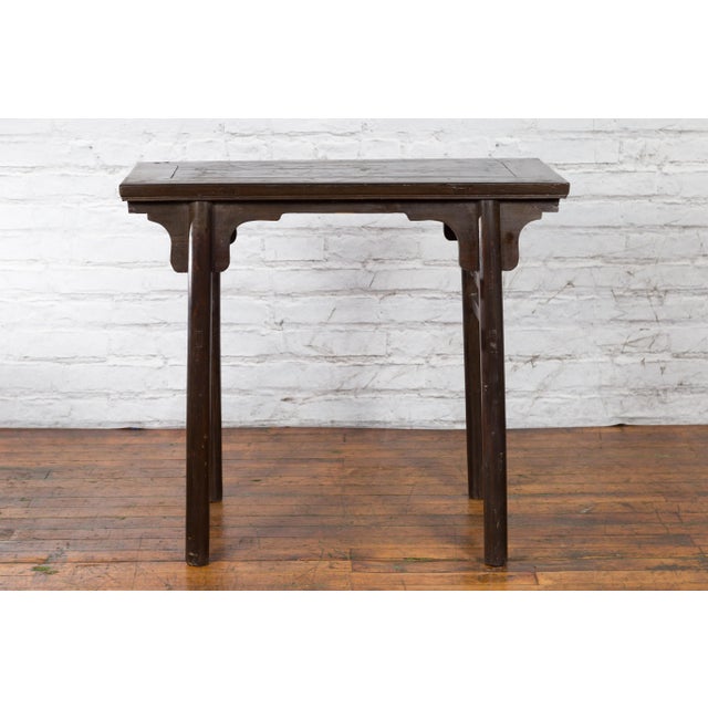 Chinese Early 20th Century Dark Lacquer Wine Console Table with Carved Apron For Sale - Image 12 of 13