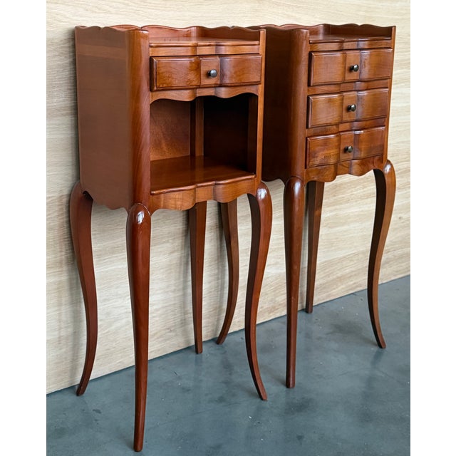Pair of French Walnut Narrow Bedside Tables With Three Drawers For Sale - Image 6 of 17