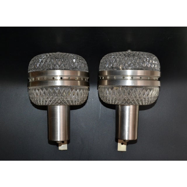 Mid-Century Modern Italian Brushed Stainless Steel & Cut Glass Sconces - Pair For Sale - Image 4 of 13