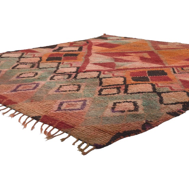 20757 Vintage Peach Boujad Moroccan Rug, 05'11 x 06'05. A Nomad's Kaleidoscope: Vintage Boujad Moroccan Masterpiece of...