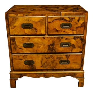 Petite 4 Drawer Burl Olivewood Campaign Style Chest For Sale
