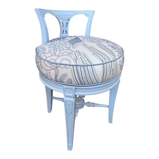 Textile Vintage Vanity Stool in Benjamin Moore Soft Sky Blue With Cowtan & Tout Upholstery For Sale - Image 7 of 12