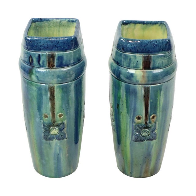 Antique Art Nouveau Flemish Blue Earthenware Vases, 1890s, Set of 2 For Sale - Image 6 of 18