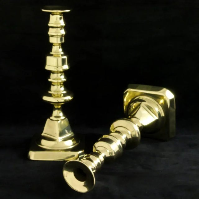 Gold Victorian Knop-Stemmed Brass Candlesticks, Set of 2 For Sale - Image 8 of 10