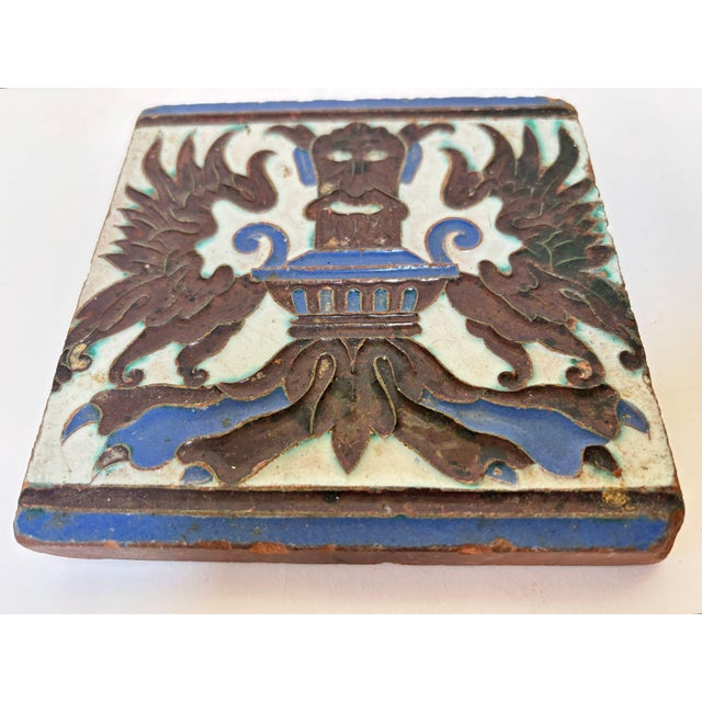 Blue Antique Spanish Triana Tile, Seville Spain Mudejar Grotesque Motif For Sale - Image 8 of 11