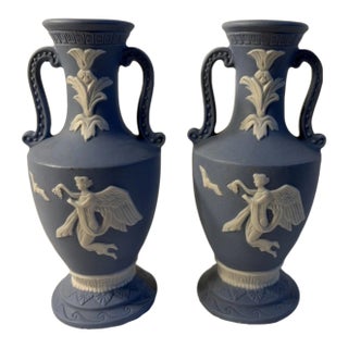 Vintage Wedgwood Style-Jasperware-Angel & Dove-2 Handle Blue/White Vase For Sale