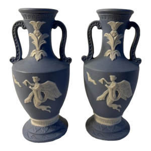 Vintage Wedgwood Style-Jasperware-Angel & Dove-2 Handle Blue/White Vase