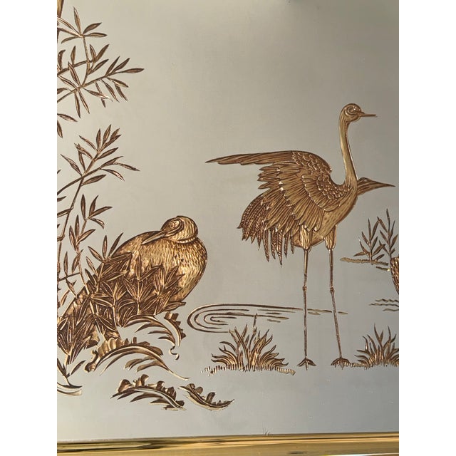 Glass Vintage 1980s Sharon Concept by Reliable Mfg. Co. Gold Etched Crane & Bamboo Wall Mirror — Chinoiserie Style For Sale - Image 7 of 12