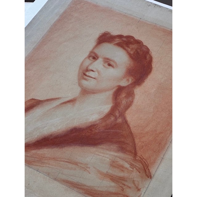 Red 19th Century Hand Drawn Original Sanguine Portrait of a Young Woman - Signed For Sale - Image 8 of 13