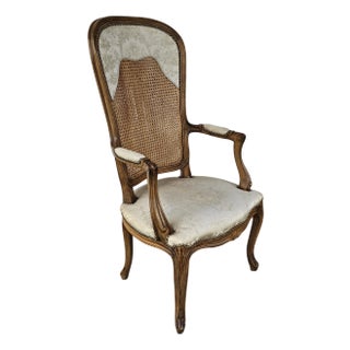 Late 20th Century Louis XV Style Brass Nail Studded, Caned and Partial Upholstered Fauteuil For Sale