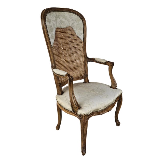 Late 20th Century Louis XV Style Brass Nail Studded, Caned and Partial Upholstered Fauteuil For Sale