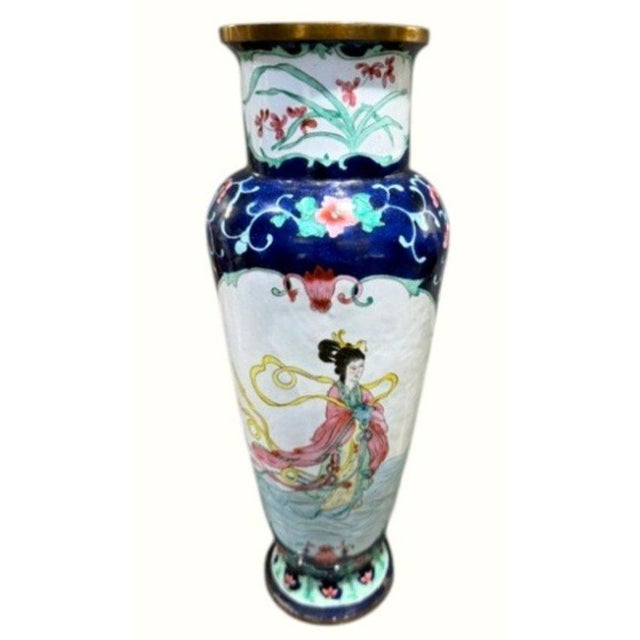 Vintage Chinese Cloisonne Enamel Celestial Maiden Feitian Vase 12" Brass For Sale - Image 4 of 7