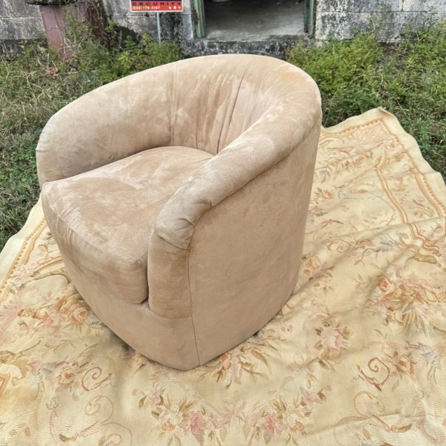 Milo Baughman 1990s Milo Baughman Style Suede Upholstered Barrel Back Swivel Chair For Sale - Image 4 of 12