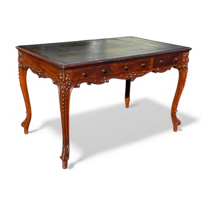 French Louis XV Style Carved Walnut Partners Desk With Leather Top. For Sale - Image 16 of 16