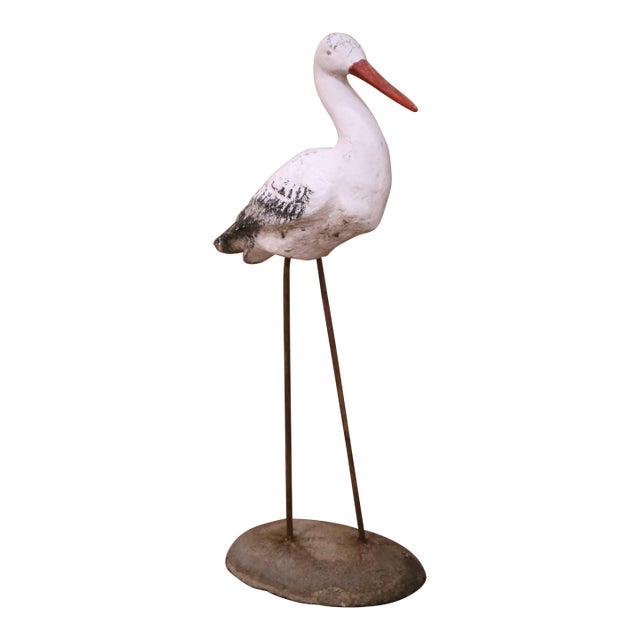 Mid-Century French Folk Art Concrete Crane Bird Garden Statue on Iron Stand For Sale