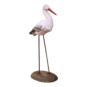 Mid-Century French Folk Art Concrete Crane Bird Garden Statue on Iron Stand