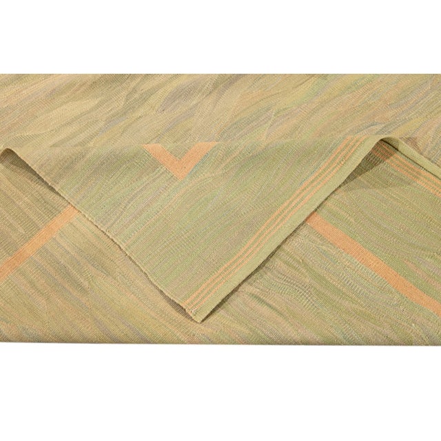 Textile 2010s Modern Flatweave Kilim Wool Rug Handmade With Green & Beige Color Design For Sale - Image 7 of 8