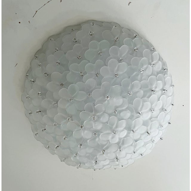 Italian flushmount with frosted Murano glass flowers intricately layered on white metal frame and secured with glass...
