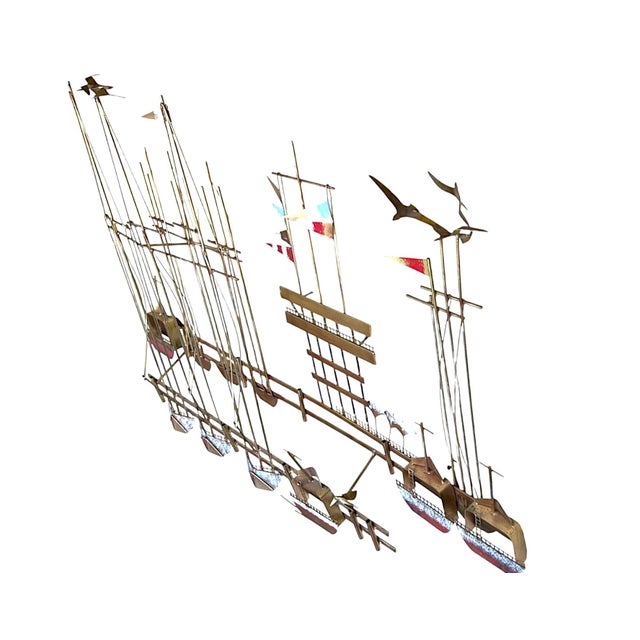 1980s 1980s Curtis Jere Nautical Wall Sculpture – Brass Sailboats & Seagulls Harbor Scene For Sale - Image 5 of 18
