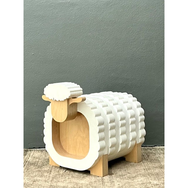 White Vintage Sculptural Wood Sheep Low Stool For Sale - Image 8 of 13