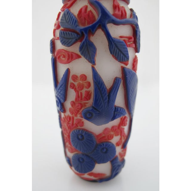 Chinese Animal & Bird Carved Overlay Red & Blue Peking Glass Snuff Bottle For Sale - Image 10 of 14