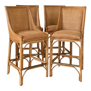 Lexington Coastal Rattan Wicker Weave Bar Stools-Set of Four For Sale