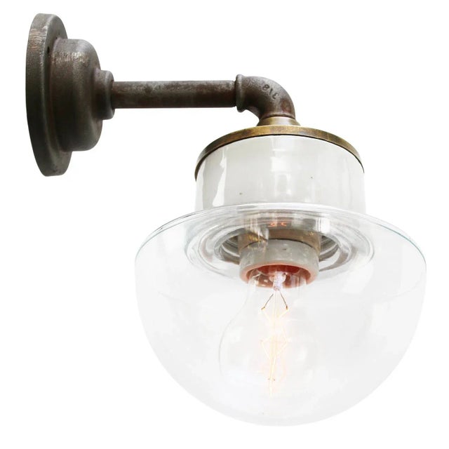 Mid-Century Modern Vintage Clear Glass & Brass Sconce with Cast Iron Arm For Sale - Image 3 of 7