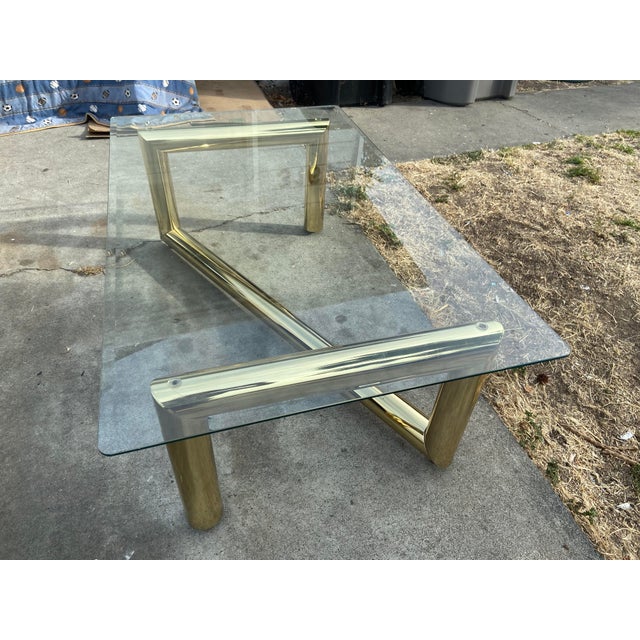 1970s 1970s Attributed to Karl Springer Hollywood Regency Style MCM Brass Tubular Coffee Glass Table For Sale - Image 5 of 18