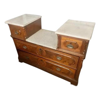 Antique Eastlake Marble Top Dresser With Raised Side Cabinets - 19th Century Walnut For Sale