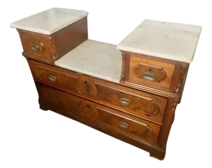 Antique Eastlake Marble Top Dresser With Raised Side Cabinets - 19th Century Walnut