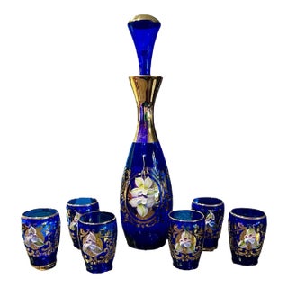 1960s Czech Bohemian Cobalt Gilt Enameled Decanter & Cordials Set For Sale