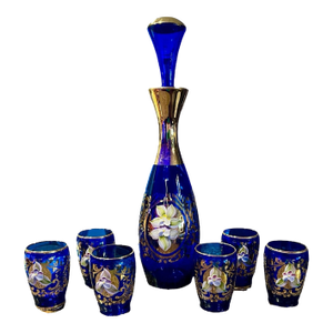 1960s Czech Bohemian Cobalt Gilt Enameled Decanter & Cordials Set