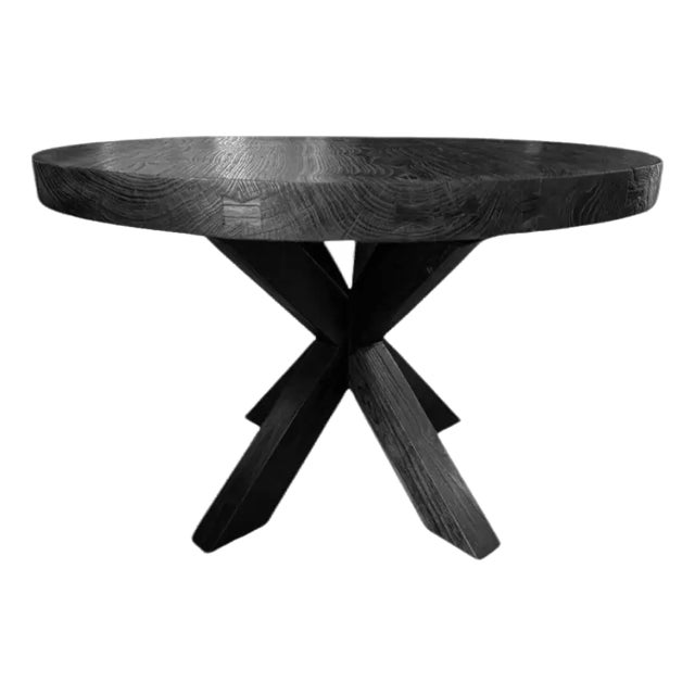 Sculptural Solid Teak Wood Dining Table With Expressive Grain, Burnt Finish For Sale