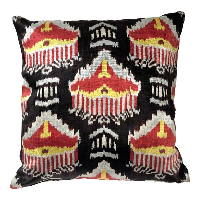 Dark Brown & Rusty Red Silk Velvet Ikat Pillow For Sale