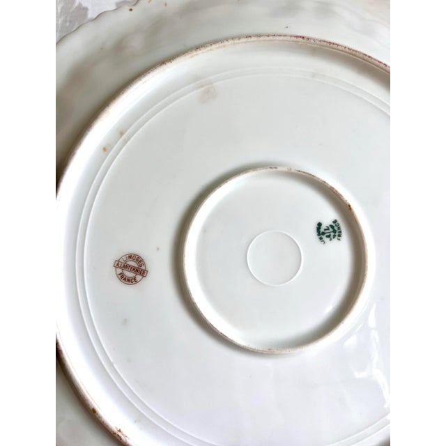Limoges, France Antique A. Lanternier Limoges 12” Hand-Painted Pink Rose Plate With Green & Gold Scalloped Rim – France, Circa 1890s For Sale - Image 4 of 6