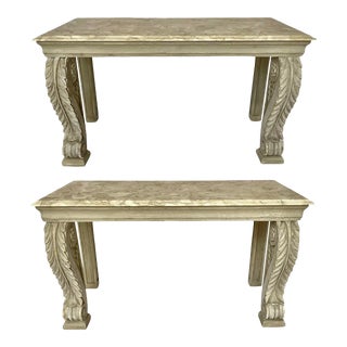 1940s Regency Style Painted Marble Top Console Tables - a Pair For Sale