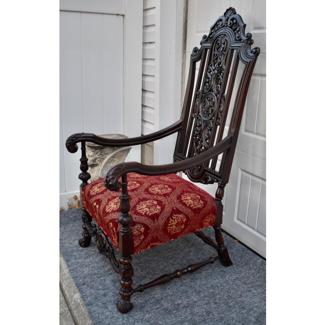 Vintage Carved Throne Chair High Back Renaissance Revival Armchair For Sale In Philadelphia - Image 6 of 16