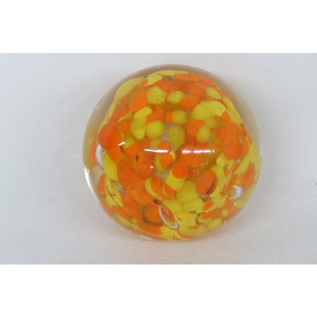 Mid 20th Century Art Glass Paperweight Controlled Bubble With Yellow and Orange Speckles 4519b For Sale - Image 5 of 9