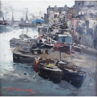 Ezelino Briante, Le port, Oil on Cardboard, Framed For Sale