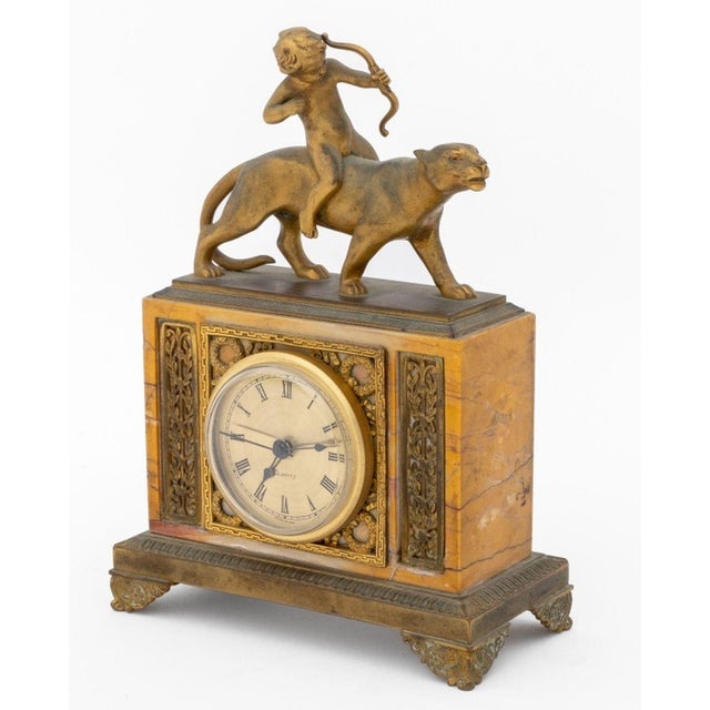 French Empire Style Cupid Riding Panther Gilt Metal and Marble Mantel Clock For Sale - Image 4 of 7