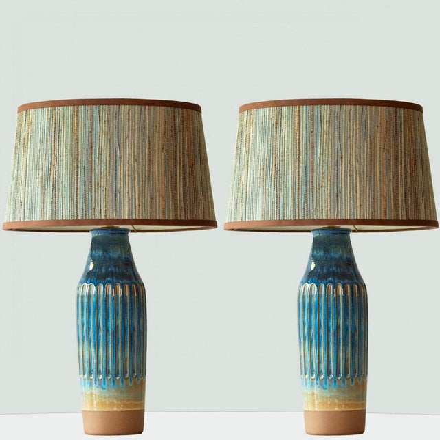 Blue Brown Ceramic Table Lamp with Silk Lamp Shades attributed to R. Houben, 1970 For Sale - Image 9 of 17