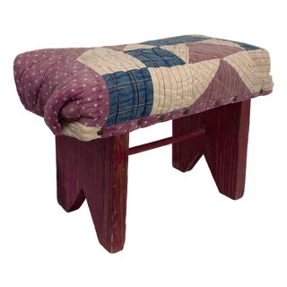Antique Primitive American Quilted Top Red Painted Solid Wood Low Stool For Sale