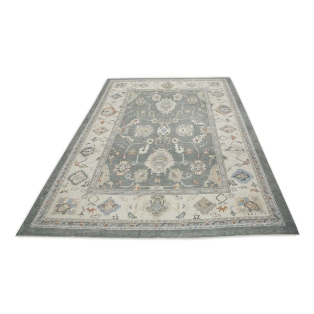 Early 21st Century Gray Colorful Floral Design Handwoven Wool Turkish Oushak Rug 8'11" X 11'8" For Sale In Houston - Image 6 of 8