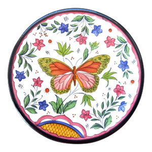 Mid 20th Century Ceraplat Majolica Decor Plate, 3.5 Inches: Hand-Painted Butterfly Trinket Dish, Spanish Pottery