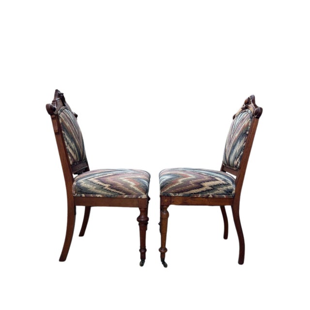 19th Century Eastlake Walnut Hall Chairs With Bargello Upholstery, Set of 2 For Sale - Image 10 of 15