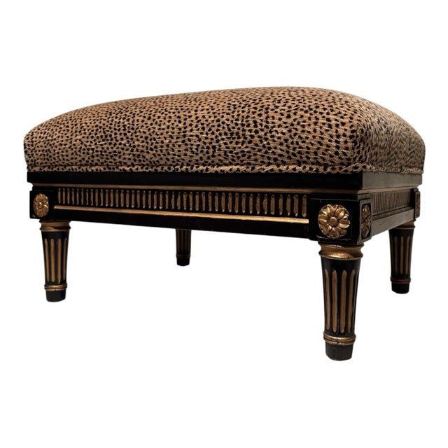 Wood Late 20th Century Interior Crafts French Ebony Gold Gilded Leopard Chenille Footstool For Sale - Image 7 of 11