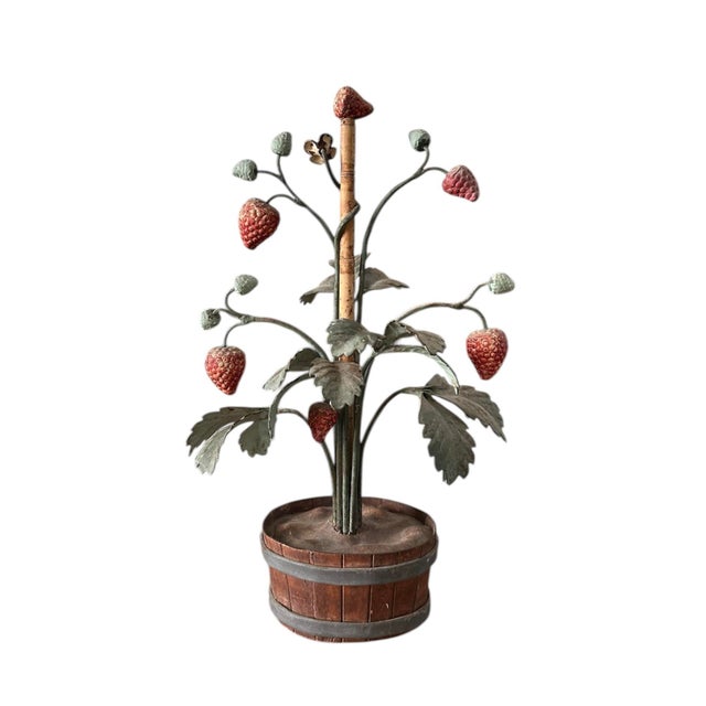 Red Vintage Italian Tole Peinte Potted Strawberry Plant Sculpture / Toleware Floral / Flower Arrangement, Made in Italy, a Pair For Sale - Image 8 of 12
